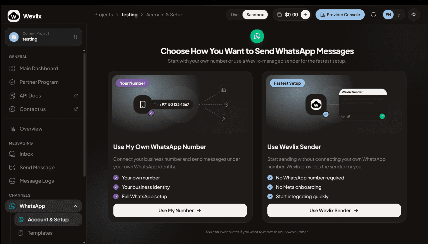 Wevlix dashboard: choose between your own WhatsApp number and a Wevlix-managed sender
